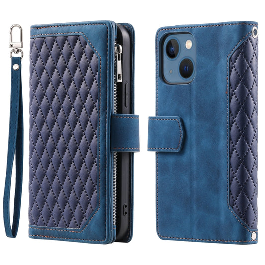 Grid Texture Zipper Leather Phone Case with Lanyard
