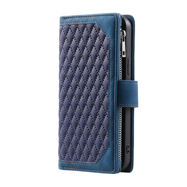 Grid Texture Zipper Leather Phone Case with Lanyard