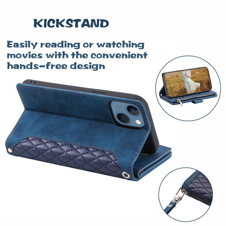 Grid Texture Zipper Leather Phone Case with Lanyard