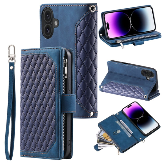 Grid Texture Zipper Leather Phone Case with Lanyard