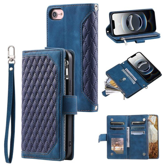 Grid Texture Zipper Leather Phone Case with Lanyard