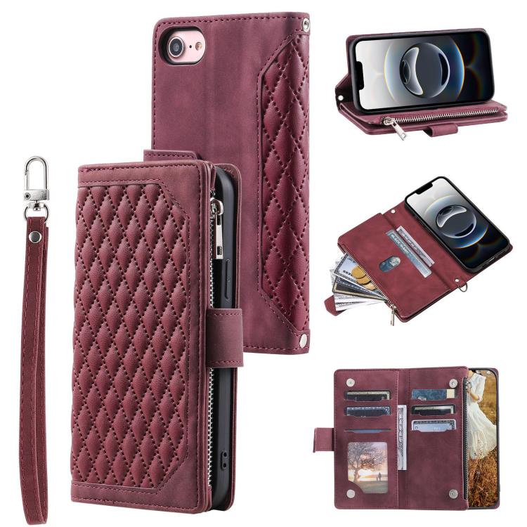 Grid Texture Zipper Leather Phone Case with Lanyard