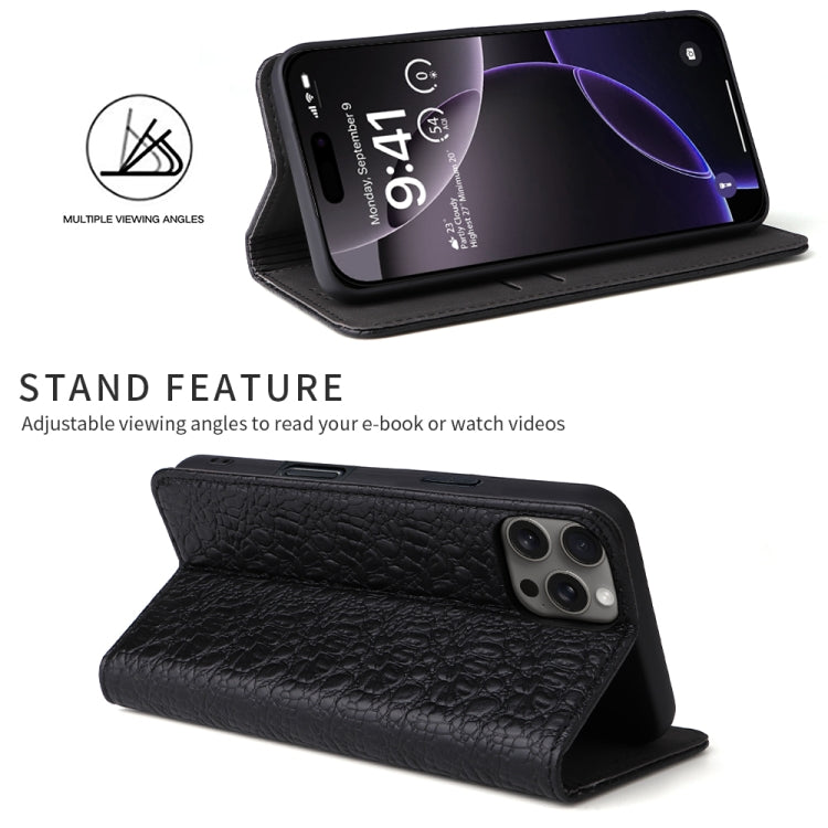 Fierre Shann Crocodile Texture Magnetic Genuine Leather Phone Case, For iPhone 16 Pro Max, For iPhone 16 Pro, For iPhone 16 Plus, For iPhone 16, For iPhone 15 Pro Max, For iPhone 15 Pro, For iPhone 15 Plus, For iPhone 15, For iPhone 14 Plus, For iPhone 14