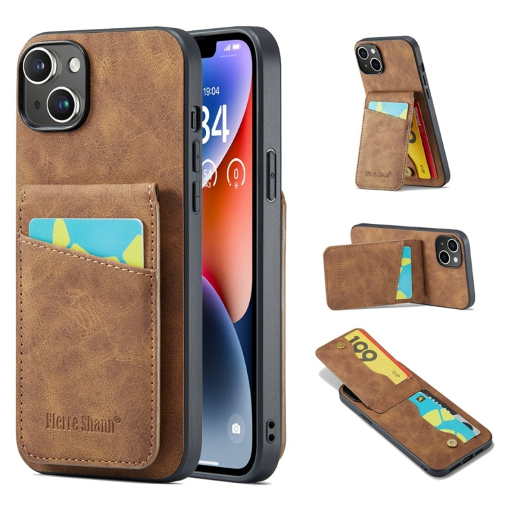 Fierre Shann Crazy Horse Card Holder Back Cover PU Phone Case, For iPhone 15 Pro Max, For iPhone 15 Pro, For iPhone 15 Plus, For iPhone 15