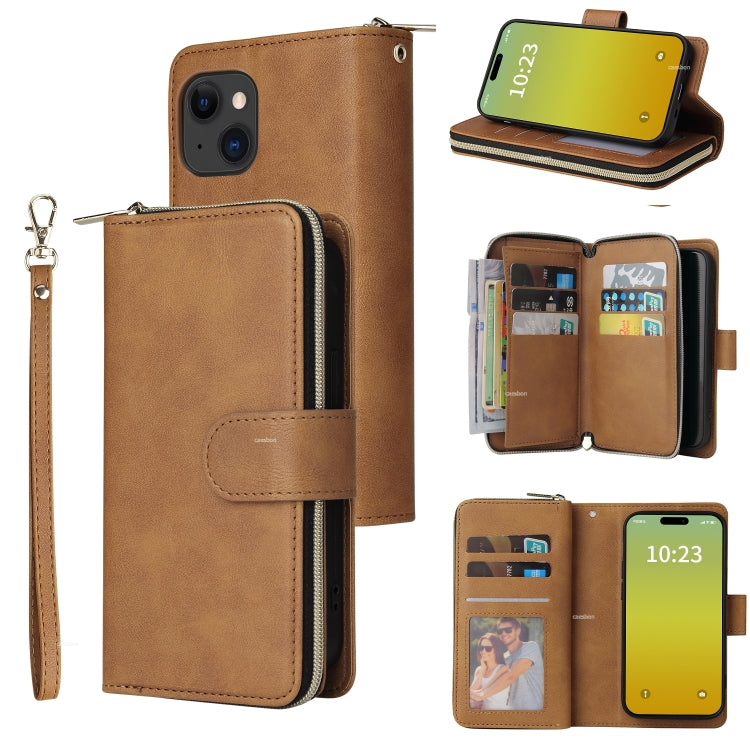 9 Card Slots Zipper Wallet Bag Leather Phone Case, For iPhone 15 Plus, For iPhone 15