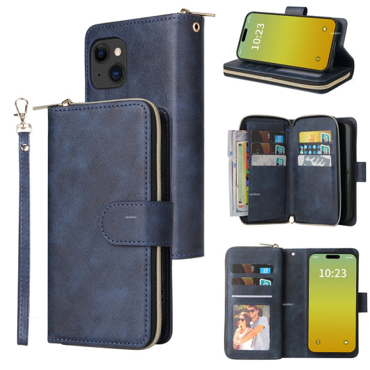 9 Card Slots Zipper Wallet Bag Leather Phone Case, For iPhone 15