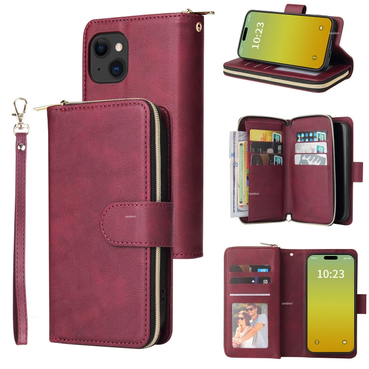 9 Card Slots Zipper Wallet Bag Leather Phone Case, For iPhone 15 Plus, For iPhone 15