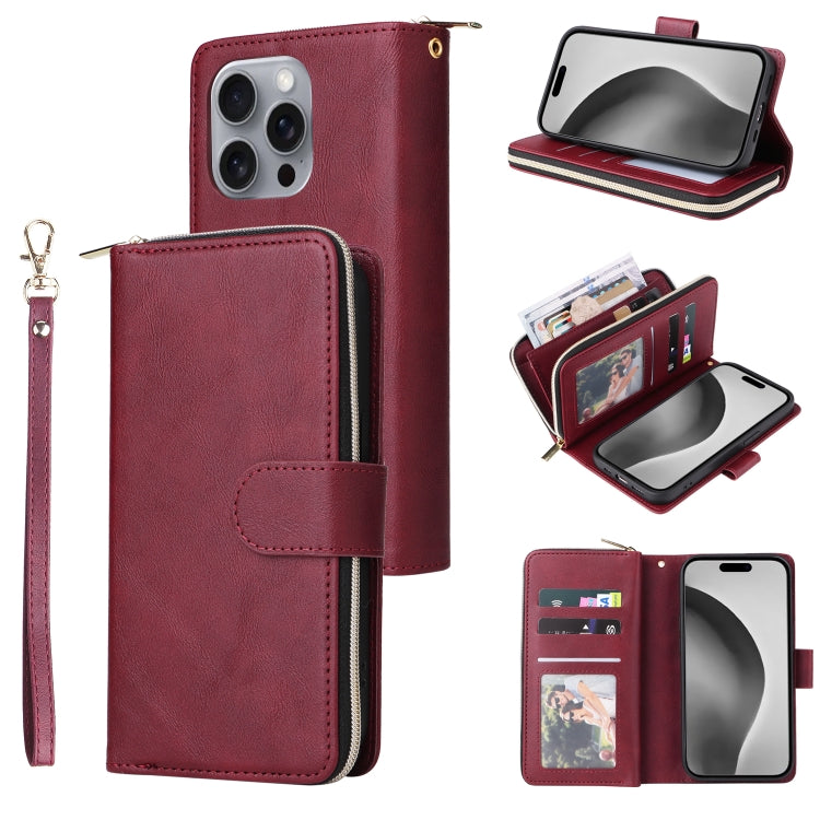 9 Card Slots Zipper Wallet Bag Leather Phone Case, For iPhone 16 Pro Max, For iPhone 16 Pro, For iPhone 16 Plus, For iPhone 16, For iPhone 15 Pro Max, For iPhone 15 Pro