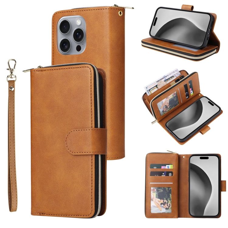 9 Card Slots Zipper Wallet Bag Leather Phone Case, For iPhone 16 Pro Max, For iPhone 16 Pro, For iPhone 16 Plus, For iPhone 16, For iPhone 15 Pro Max, For iPhone 15 Pro