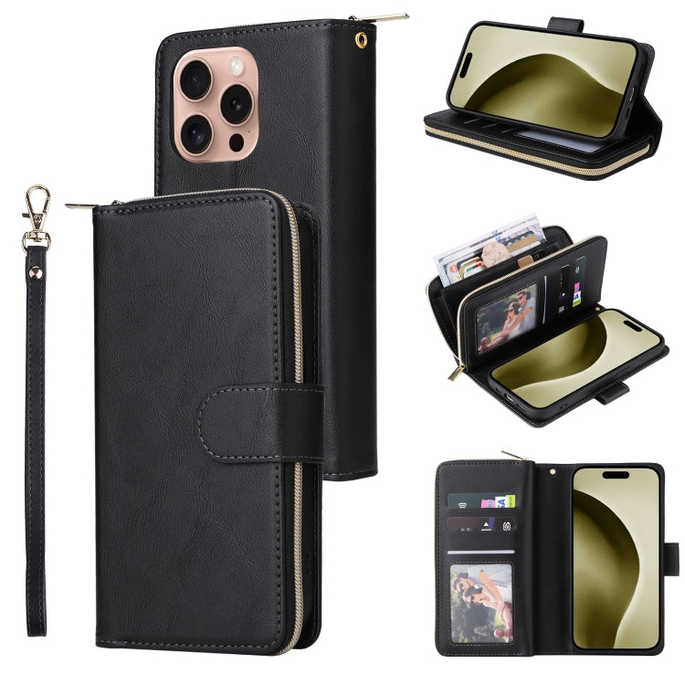 9 Card Slots Zipper Wallet Bag Leather Phone Case, For iPhone 16 Pro Max, For iPhone 16 Pro, For iPhone 16 Plus, For iPhone 16, For iPhone 15 Pro Max, For iPhone 15 Pro