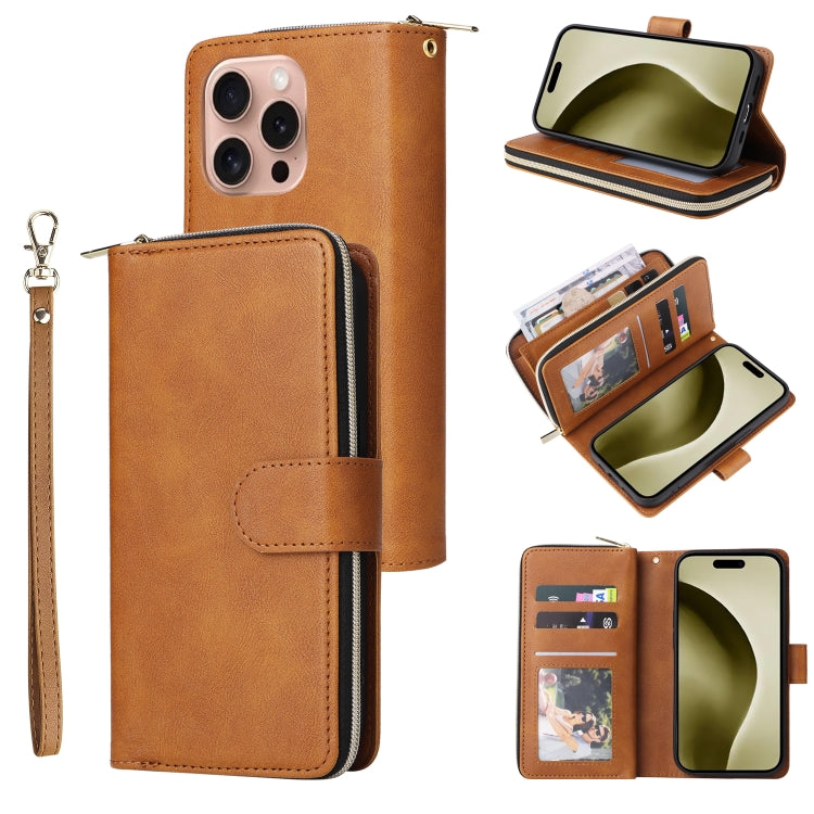 9 Card Slots Zipper Wallet Bag Leather Phone Case, For iPhone 16 Pro Max, For iPhone 16 Pro, For iPhone 16 Plus, For iPhone 16, For iPhone 15 Pro Max, For iPhone 15 Pro