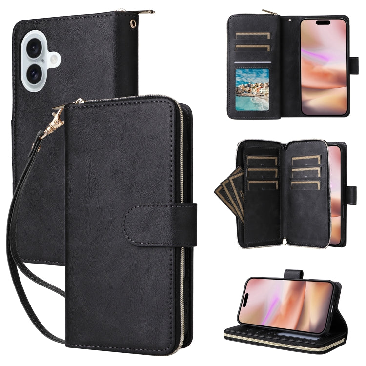 9 Card Slots Zipper Wallet Bag Leather Phone Case, For iPhone 16 Pro Max, For iPhone 16 Pro, For iPhone 16 Plus, For iPhone 16, For iPhone 15 Pro Max, For iPhone 15 Pro