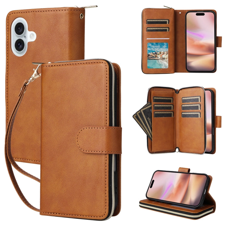 9 Card Slots Zipper Wallet Bag Leather Phone Case, For iPhone 16 Pro Max, For iPhone 16 Pro, For iPhone 16 Plus, For iPhone 16, For iPhone 15 Pro Max, For iPhone 15 Pro