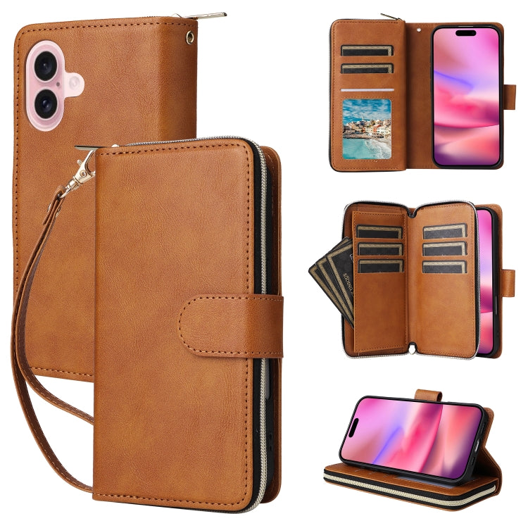 9 Card Slots Zipper Wallet Bag Leather Phone Case, For iPhone 16 Pro Max, For iPhone 16 Pro, For iPhone 16 Plus, For iPhone 16, For iPhone 15 Pro Max, For iPhone 15 Pro