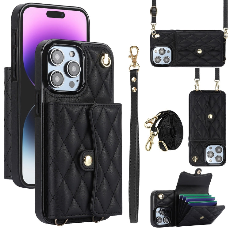 Crossbody Rhombic Horizontal Wallet Leather Phone Case, For iPhone 15 Pro, For iPhone 15 Plus, For iPhone 15, For iPhone 14 Plus, For iPhone 14