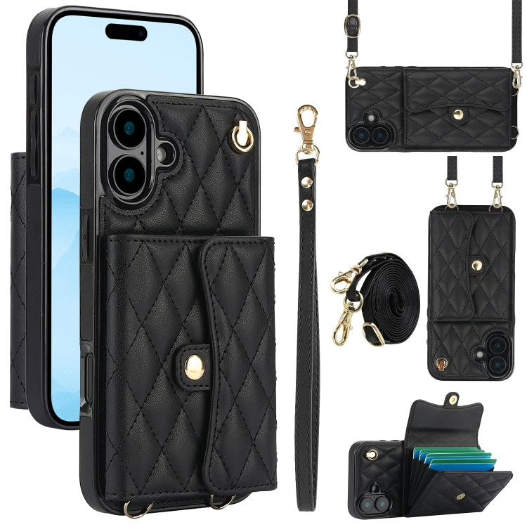 Crossbody Rhombic Horizontal Wallet Leather Phone Case, For iPhone 16 Pro Max, For iPhone 16 Pro, For iPhone 16 Plus, For iPhone 16, For iPhone 15 Pro Max