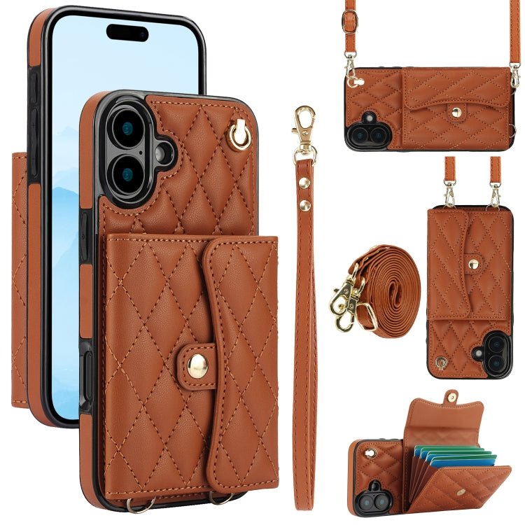 Crossbody Rhombic Horizontal Wallet Leather Phone Case, For iPhone 16 Pro Max, For iPhone 16 Pro, For iPhone 16 Plus, For iPhone 16, For iPhone 15 Pro Max