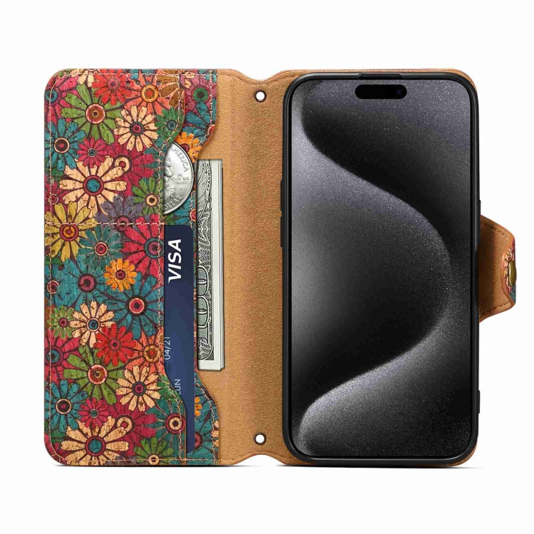 Denior Flower Language Series Cork Fabric Oil Edge Leather Phone Case, For iPhone 15 Plus, For iPhone 15, For iPhone 14 Plus, For iPhone 14, For iPhone 14 Pro, For iPhone 14 Pro Max