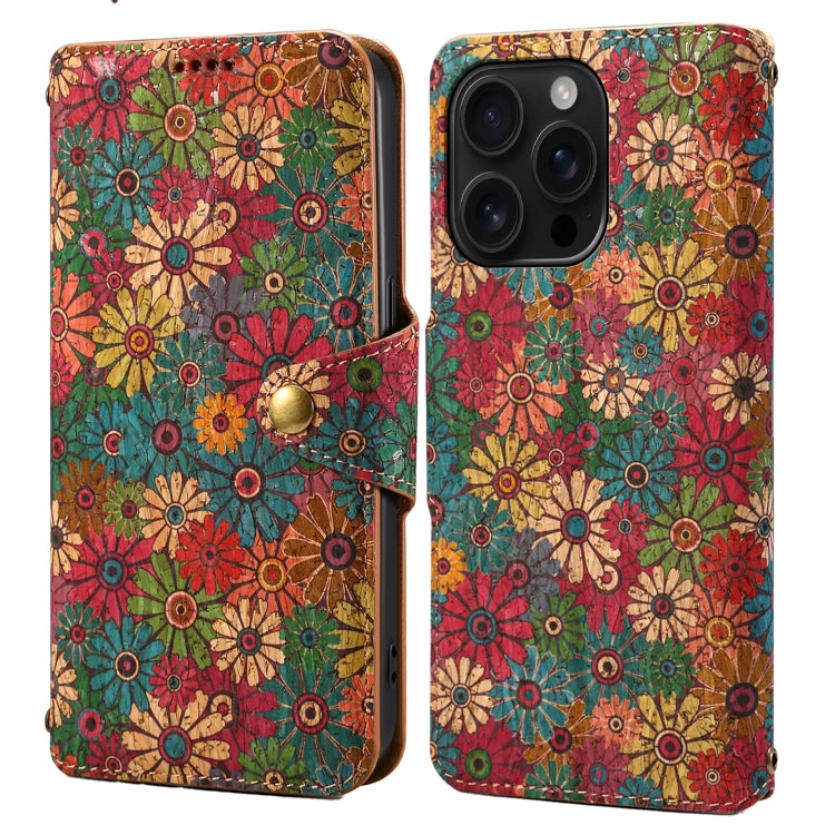 Denior Flower Language Series Cork Fabric Oil Edge Leather Phone Case, For iPhone 16 Pro Max, For iPhone 16 Pro, For iPhone 16 Plus, For iPhone 16, For iPhone 15 Pro Max, For iPhone 15 Pro, For iPhone 15 Plus, For iPhone 15