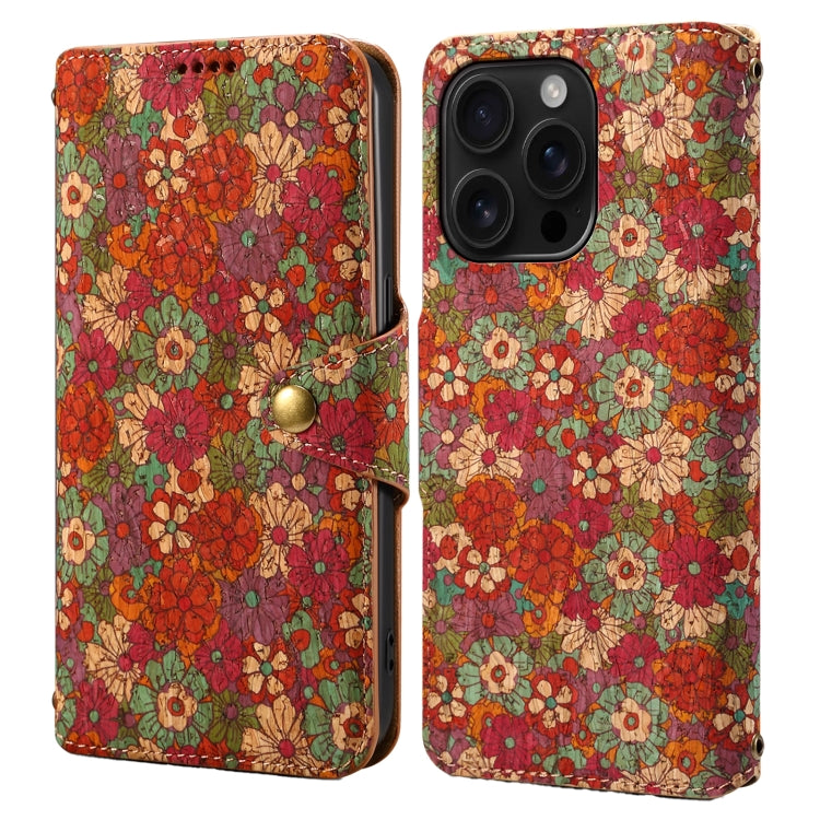 Denior Flower Language Series Cork Fabric Oil Edge Leather Phone Case, For iPhone 16 Pro Max, For iPhone 16 Pro, For iPhone 16 Plus, For iPhone 16, For iPhone 15 Pro Max, For iPhone 15 Pro, For iPhone 15 Plus, For iPhone 15