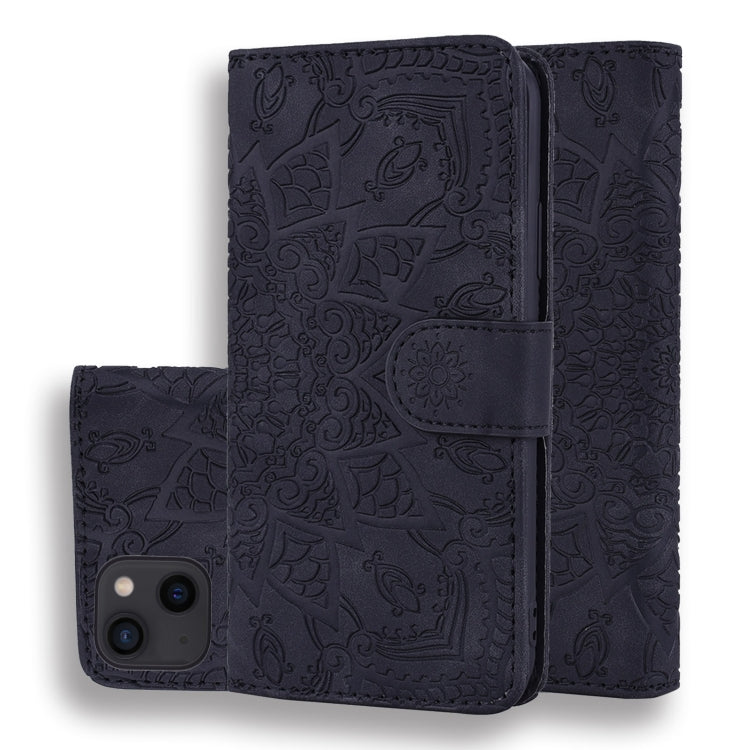 Mandala Embossed Dual-Fold Calf Leather Phone Case, For iPhone 15 Plus, For iPhone 15