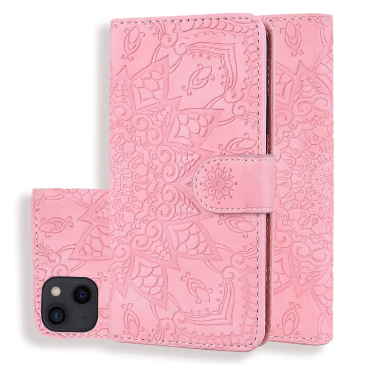 Mandala Embossed Dual-Fold Calf Leather Phone Case, For iPhone 15 Plus, For iPhone 15