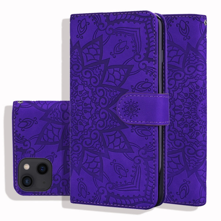 Mandala Embossed Dual-Fold Calf Leather Phone Case, For iPhone 15 Plus, For iPhone 15