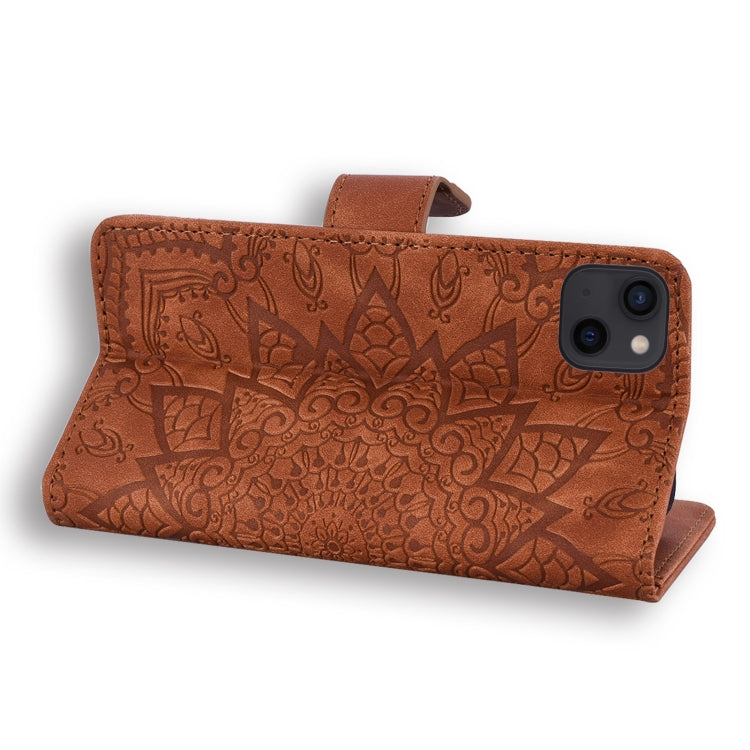 Mandala Embossed Dual-Fold Calf Leather Phone Case, For iPhone 15 Plus, For iPhone 15