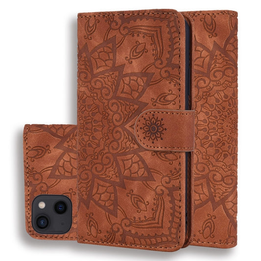 Mandala Embossed Dual-Fold Calf Leather Phone Case, For iPhone 15 Plus, For iPhone 15