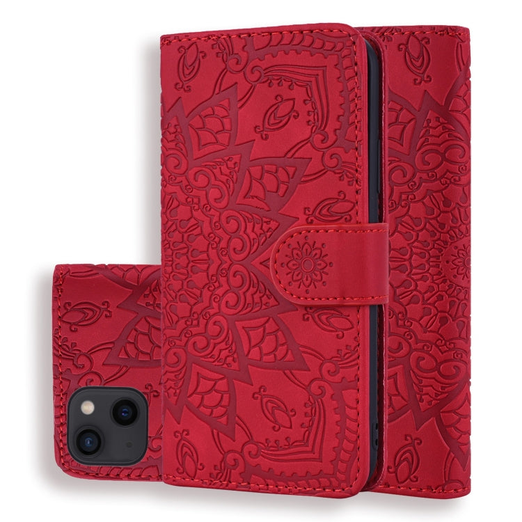 Mandala Embossed Dual-Fold Calf Leather Phone Case, For iPhone 15 Plus, For iPhone 15