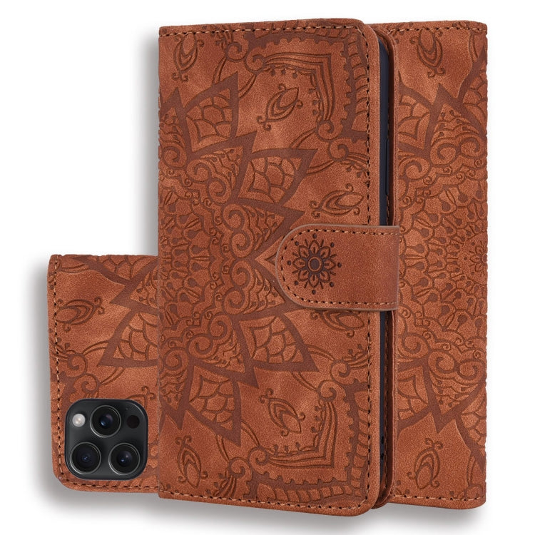 Mandala Embossed Dual-Fold Calf Leather Phone Case, For iPhone 16 Pro, For iPhone 16 Pro Max, For iPhone 16 Plus, For iPhone 16, For iPhone 15 Pro Max, For iPhone 15 Pro