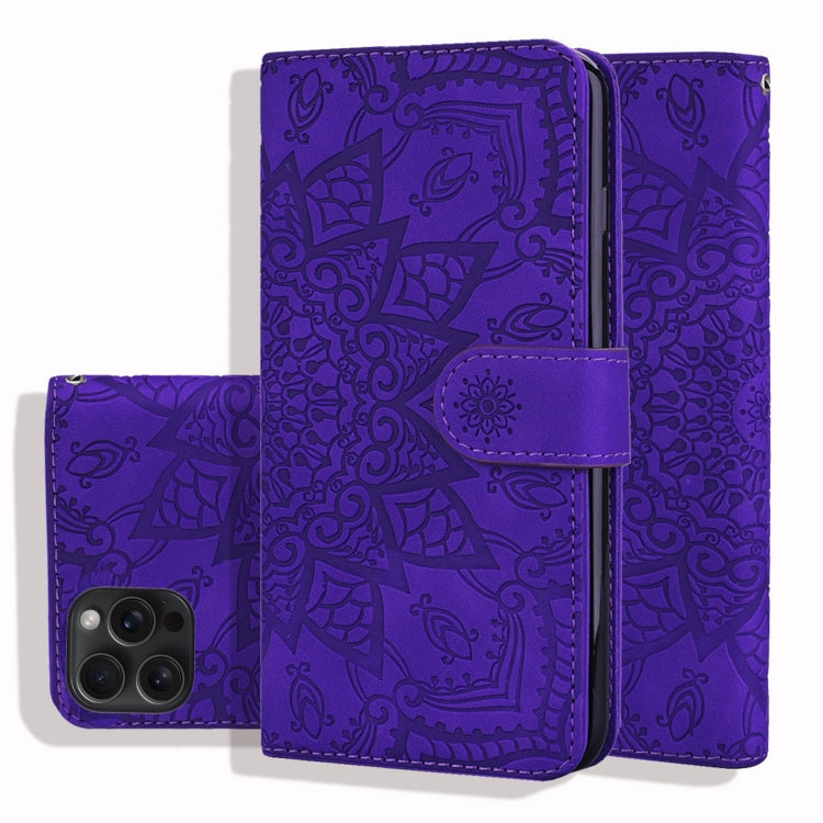 Mandala Embossed Dual-Fold Calf Leather Phone Case, For iPhone 16 Pro, For iPhone 16 Pro Max, For iPhone 16 Plus, For iPhone 16, For iPhone 15 Pro Max, For iPhone 15 Pro