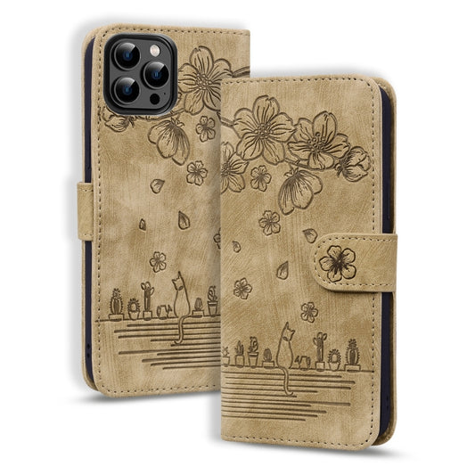 Cartoon Sakura Cat Embossed Leather Phone Case, For iPhone 16 Pro Max, For iPhone 16 Pro, For iPhone 16 Plus, For iPhone 16, For iPhone 15 Pro Max, For iPhone 15 Pro