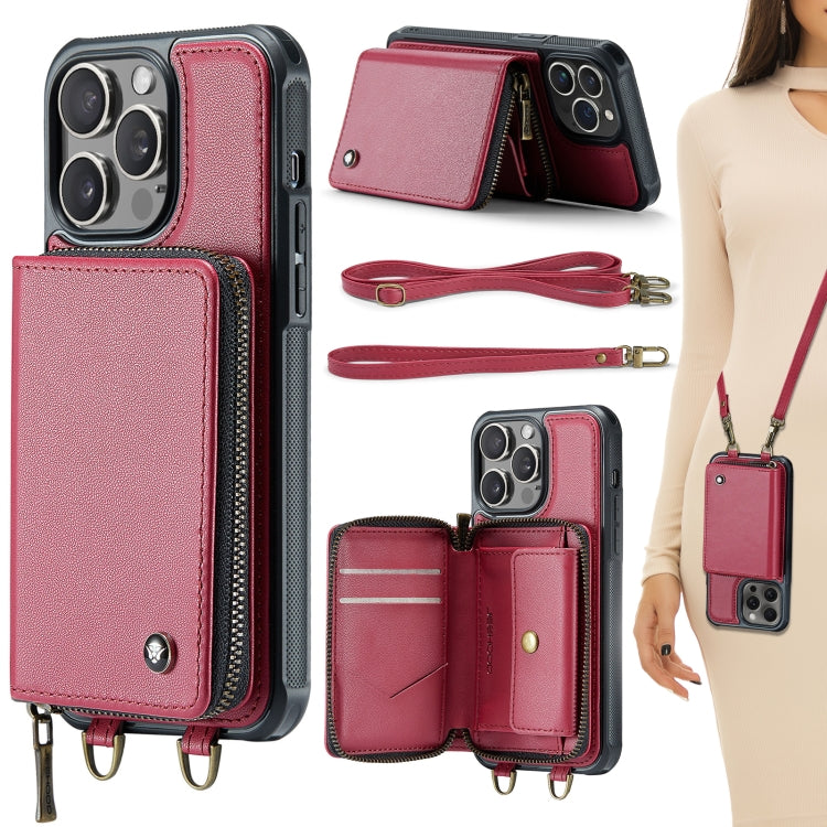 JEEHOOD C22 Series Zipper Wallet Leather Phone Case with Dual Lanyard, For iPhone 15 Pro, For iPhone 15 Plus, For iPhone 15