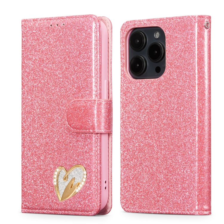 Glitter Powder Love Leather Phone Case, For iPhone 16 Pro Max, For iPhone 16 Pro, For iPhone 16 Plus, For iPhone 16, For iPhone 15 Pro Max, For iPhone 15 Pro, For iPhone 15 Plus, For iPhone 15