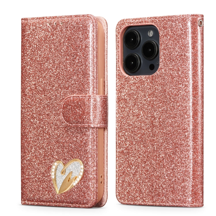 Glitter Powder Love Leather Phone Case, For iPhone 16 Pro Max, For iPhone 16 Pro, For iPhone 16 Plus, For iPhone 16, For iPhone 15 Pro Max, For iPhone 15 Pro, For iPhone 15 Plus, For iPhone 15