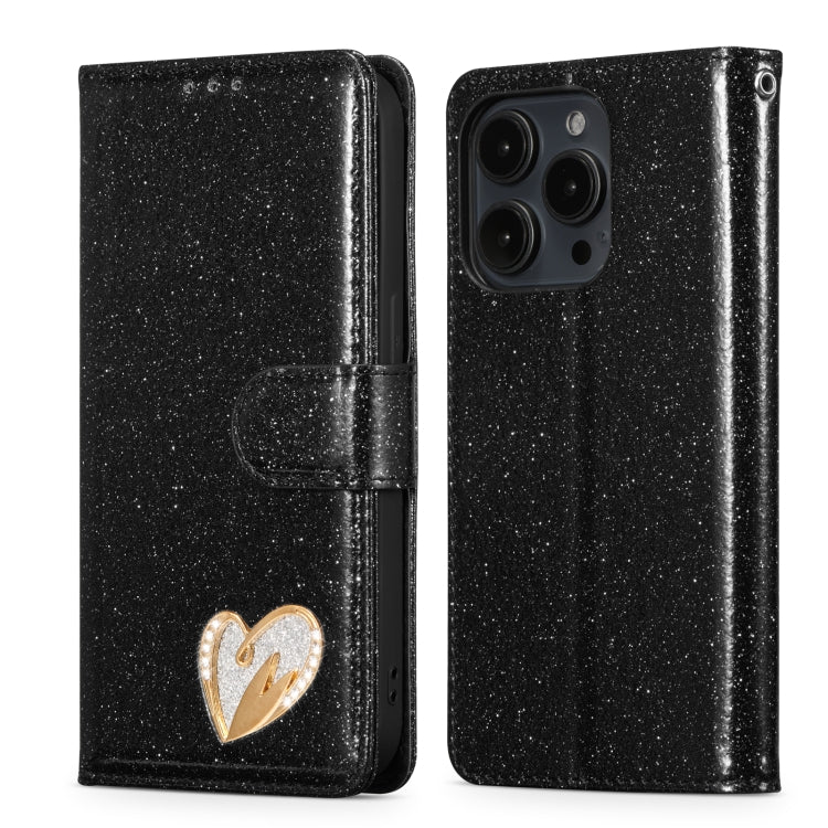 Glitter Powder Love Leather Phone Case, For iPhone 16 Pro Max, For iPhone 16 Pro, For iPhone 16 Plus, For iPhone 16, For iPhone 15 Pro Max, For iPhone 15 Pro, For iPhone 15 Plus, For iPhone 15