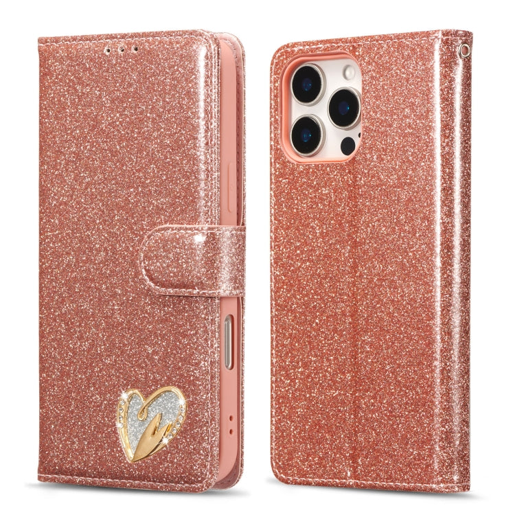 Glitter Powder Love Leather Phone Case, For iPhone 16 Pro Max, For iPhone 16 Pro, For iPhone 16 Plus, For iPhone 16, For iPhone 15 Pro Max, For iPhone 15 Pro, For iPhone 15 Plus, For iPhone 15