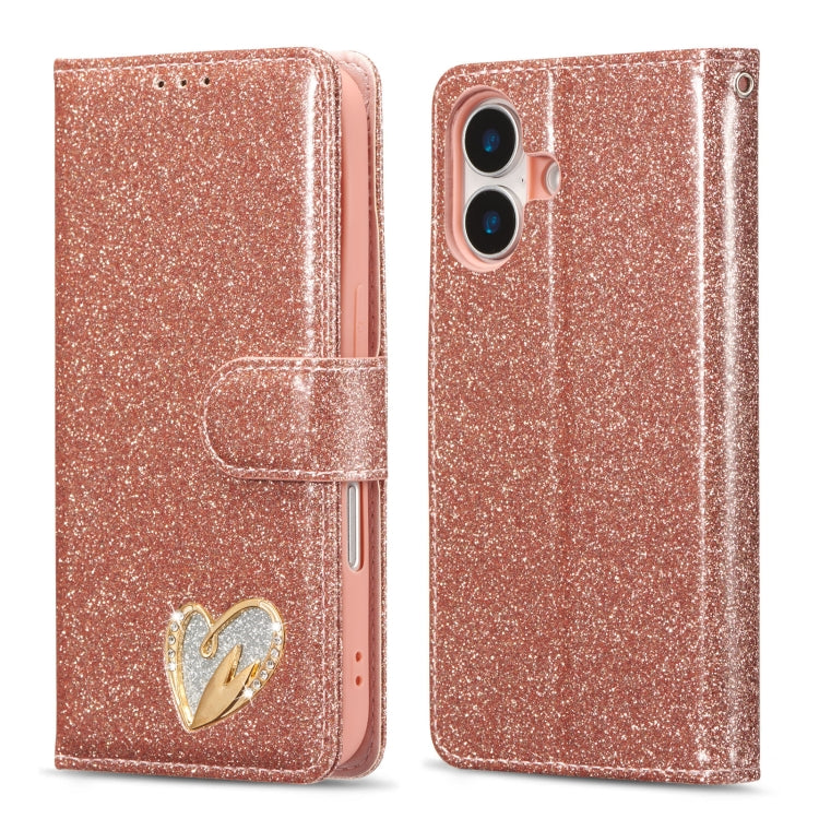 Glitter Powder Love Leather Phone Case, For iPhone 16 Pro Max, For iPhone 16 Pro, For iPhone 16 Plus, For iPhone 16, For iPhone 15 Pro Max, For iPhone 15 Pro, For iPhone 15 Plus, For iPhone 15