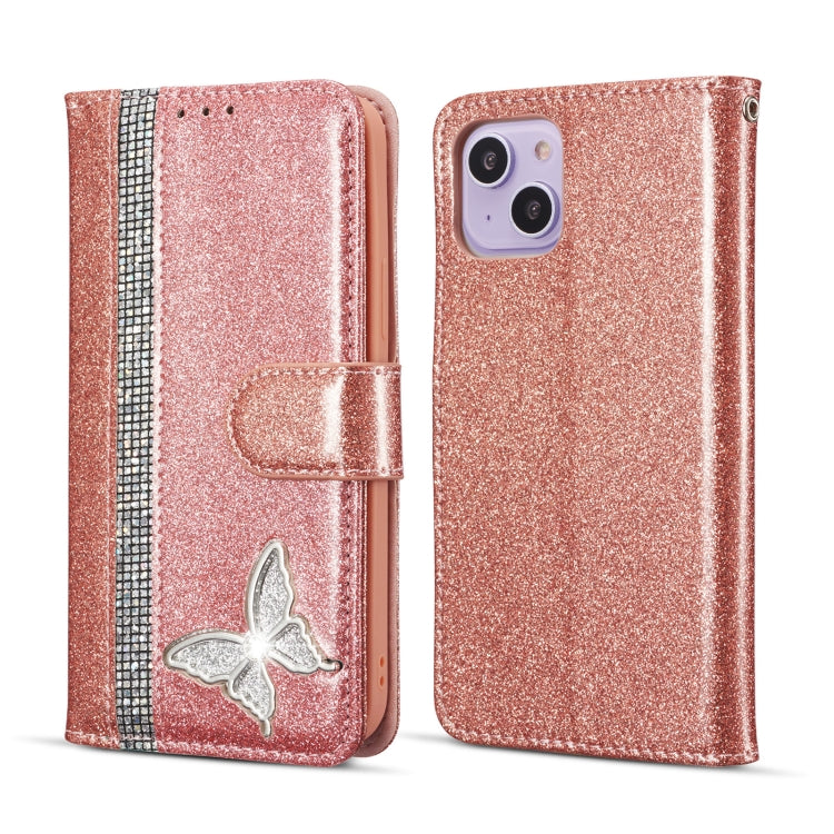 Glitter Powder Butterfly Leather Phone Case, For iPhone 16 Pro Max, For iPhone 16 Pro, For iPhone 16 Plus, For iPhone 16, For iPhone 15 Plus, For iPhone 15