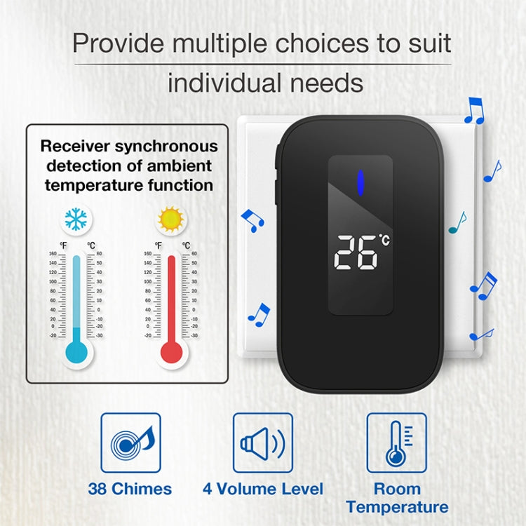 C303B One to Two Home Wireless Doorbell Temperature Digital Display Remote Control Elderly Pager, US Plug, EU Plug, UK Plug