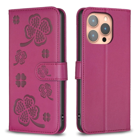 Four-leaf Embossed Leather Phone Case, For iPhone 16 Pro Max, For iPhone 16 Pro, For iPhone 16 Plus, For iPhone 16