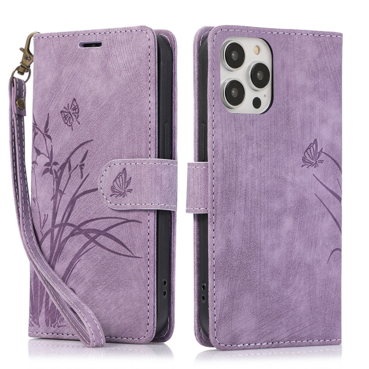 Orchid Butterfly Embossed Leather Phone Case, For iPhone 15 Pro, For iPhone 15 Plus, For iPhone 15, For iPhone 14 Plus, For iPhone 14