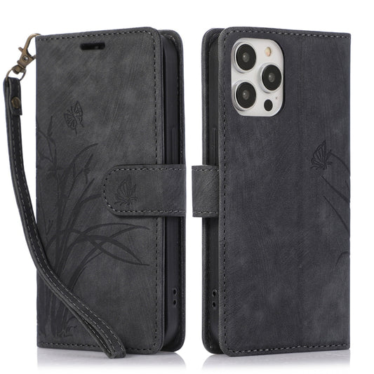 Orchid Butterfly Embossed Leather Phone Case, For iPhone 14 Pro, For iPhone 14 Pro Max, For iPhone 7 / 8 / SE 2022, For iPhone 13 Pro Max, For iPhone 13 Pro