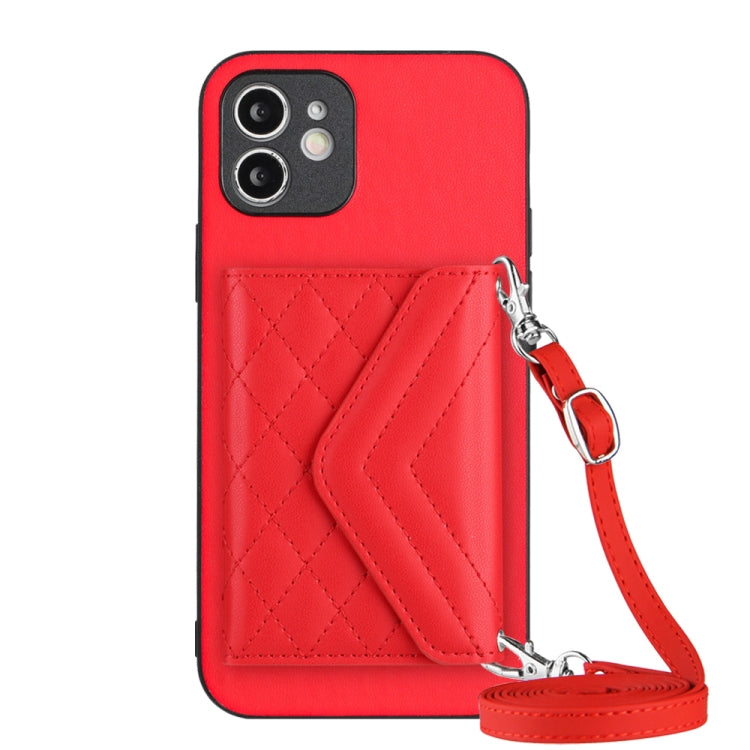 Rhombic Texture Card Bag RFID Phone Case with Long Lanyard, For iPhone 13, For iPhone 13 mini, For iPhone 12, For iPhone 12 Pro Max, For iPhone 12 Pro