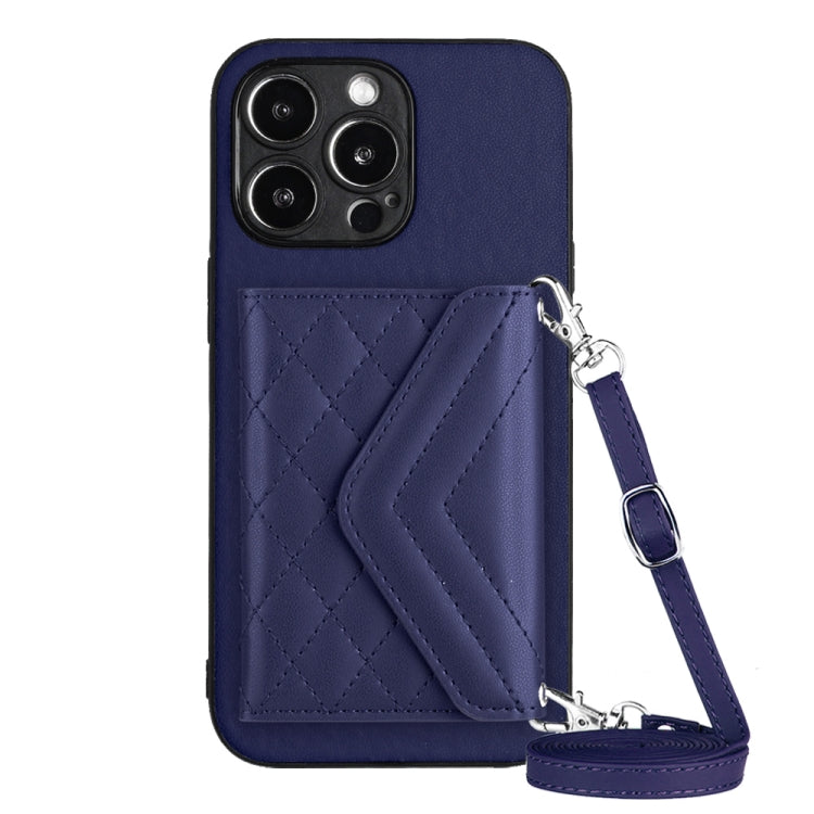 Rhombic Texture Card Bag RFID Phone Case with Long Lanyard, For iPhone 16 Pro Max, For iPhone 16 Pro, For iPhone 16 Plus, For iPhone 16, For iPhone 15 Pro Max