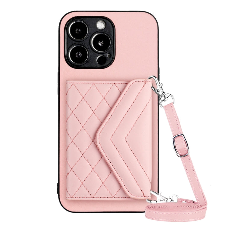 Rhombic Texture Card Bag RFID Phone Case with Long Lanyard, For iPhone 16 Pro Max, For iPhone 16 Pro, For iPhone 16 Plus, For iPhone 16, For iPhone 15 Pro Max