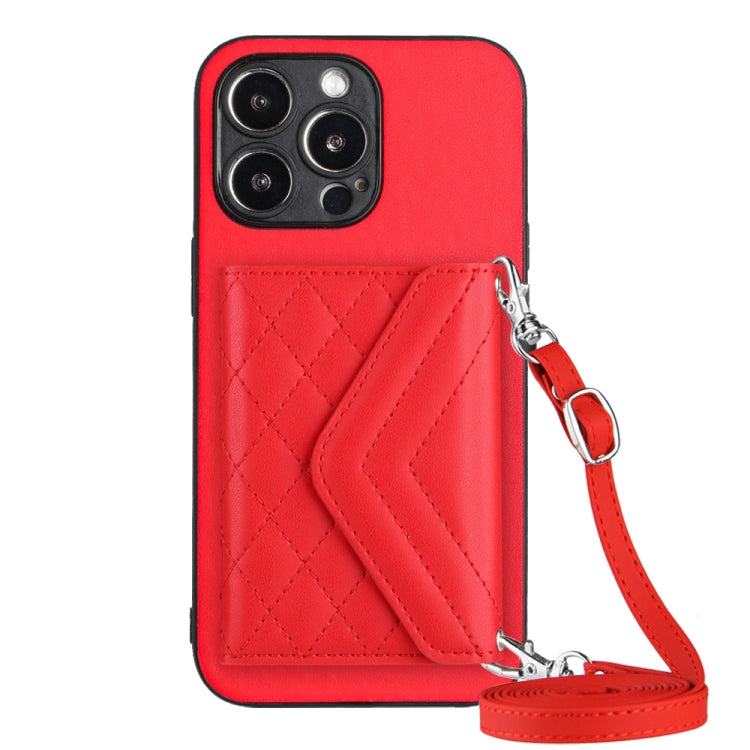 Rhombic Texture Card Bag RFID Phone Case with Long Lanyard, For iPhone 16 Pro Max, For iPhone 16 Pro, For iPhone 16 Plus, For iPhone 16, For iPhone 15 Pro Max