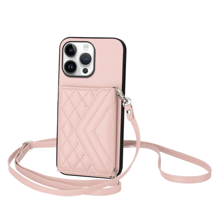 Rhombic Texture Card Bag RFID Phone Case with Long Lanyard, For iPhone 16 Pro Max, For iPhone 16 Pro, For iPhone 16 Plus, For iPhone 16, For iPhone 15 Pro Max