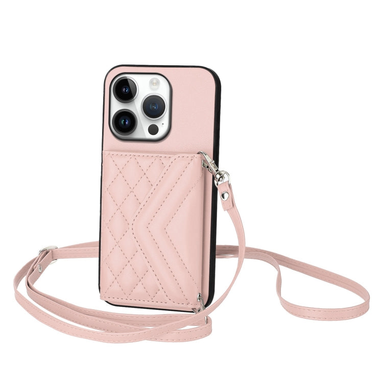 Rhombic Texture Card Bag RFID Phone Case with Long Lanyard, For iPhone 16 Pro Max, For iPhone 16 Pro, For iPhone 16 Plus, For iPhone 16, For iPhone 15 Pro Max